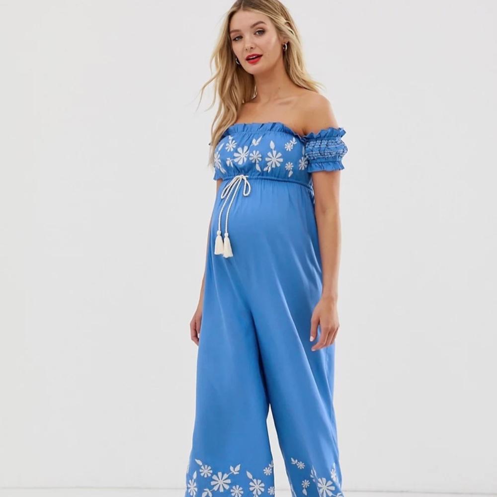 NWT ASOS off the shoulder cornflower blue embroidered jumpsuit- maternity